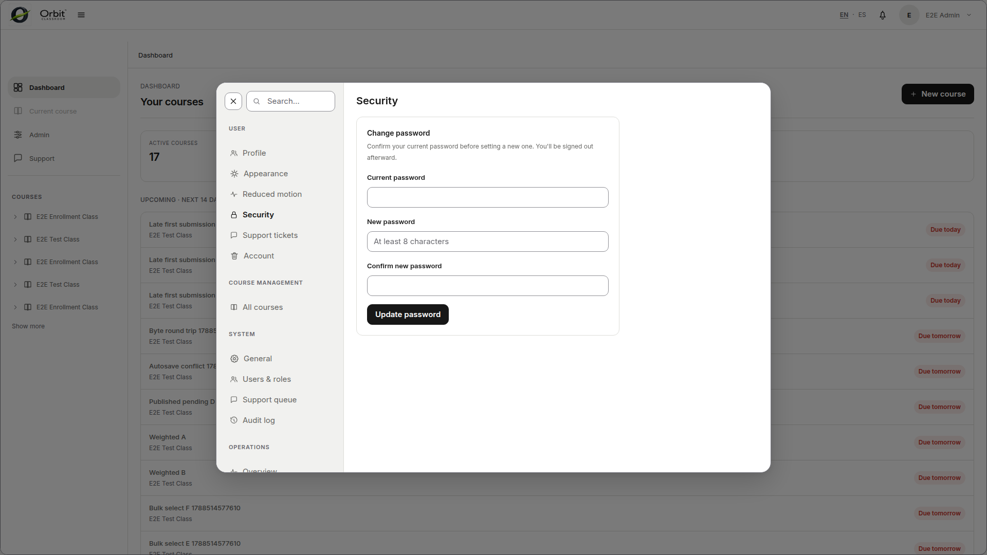 Admin settings with System and Operations sections