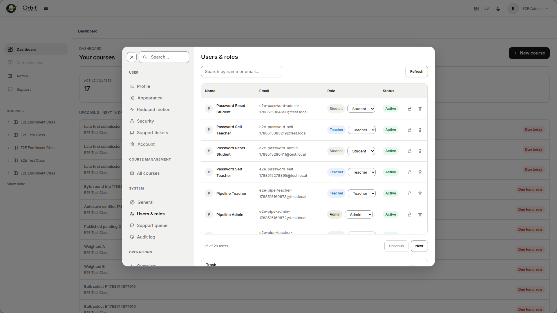 admin-users-trash — Trash section with restore and purge actions visible.