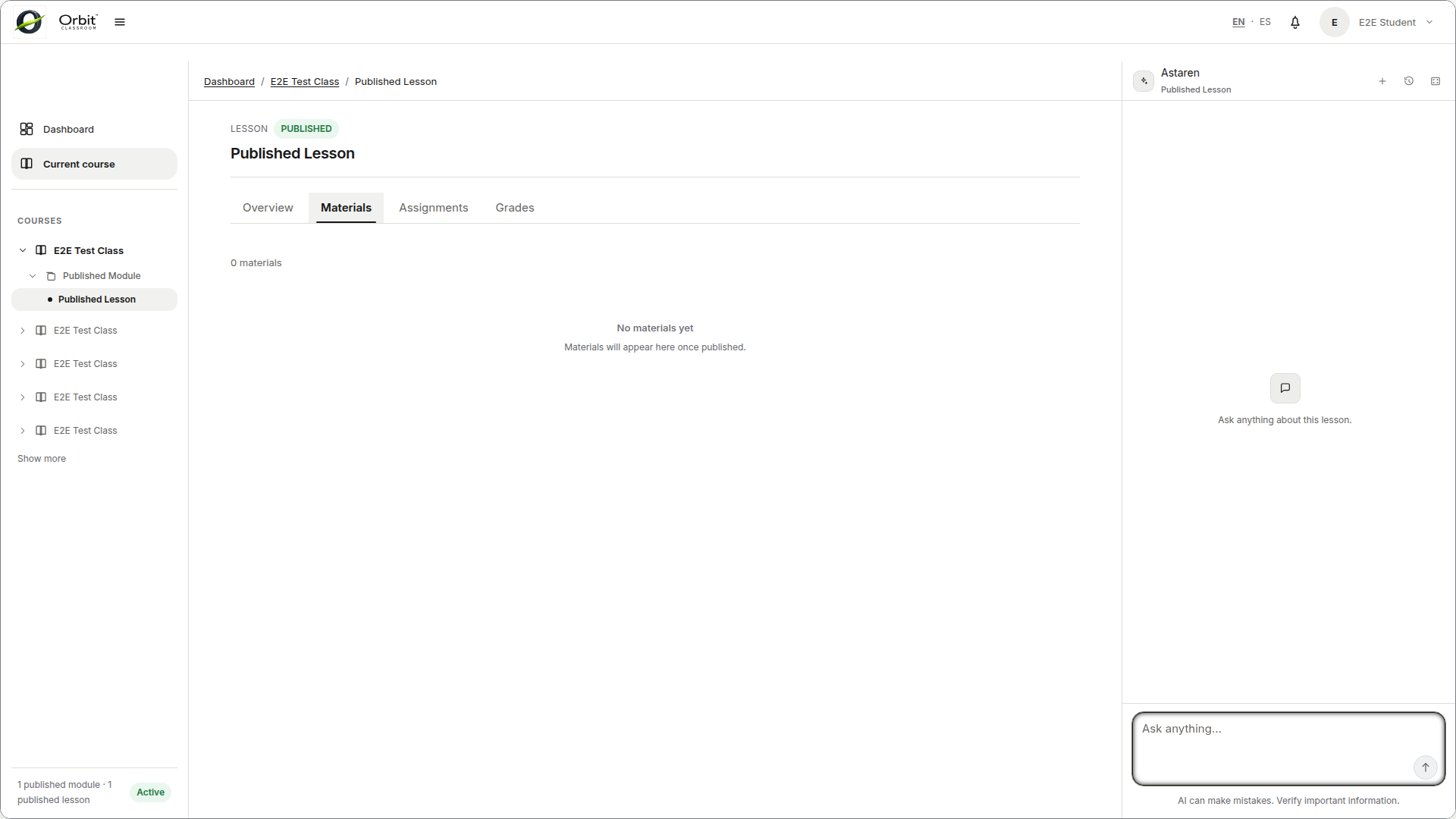 student-materials-open — tab with published items and an open action.