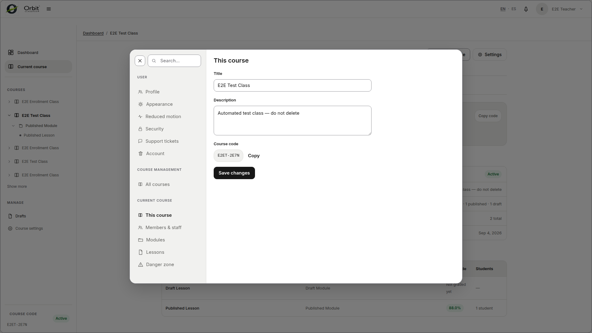 teacher-class-settings-overview — Class Settings panel with all sections visible.