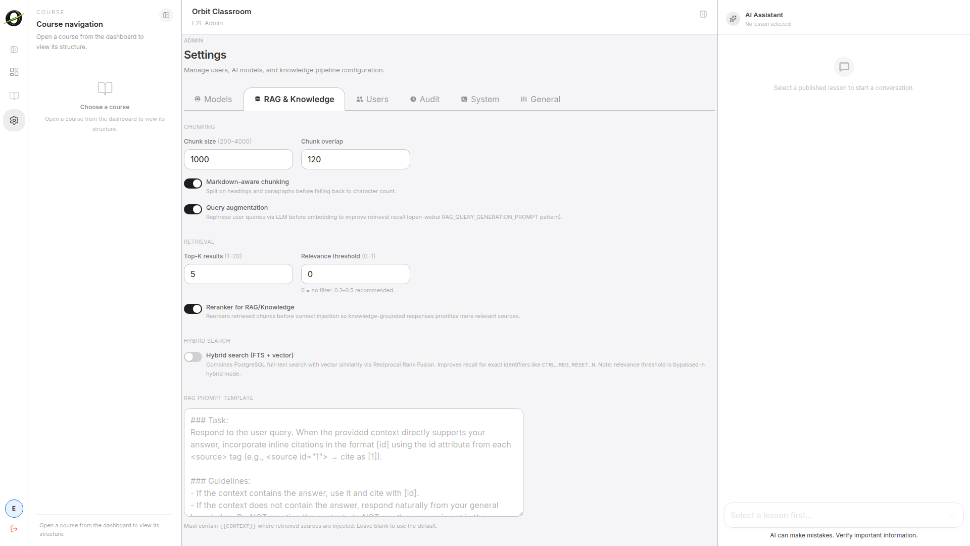 admin-knowledge-tab — Knowledge Settings tab with chunking, embeddings, retrieval limits, and citation behavior.