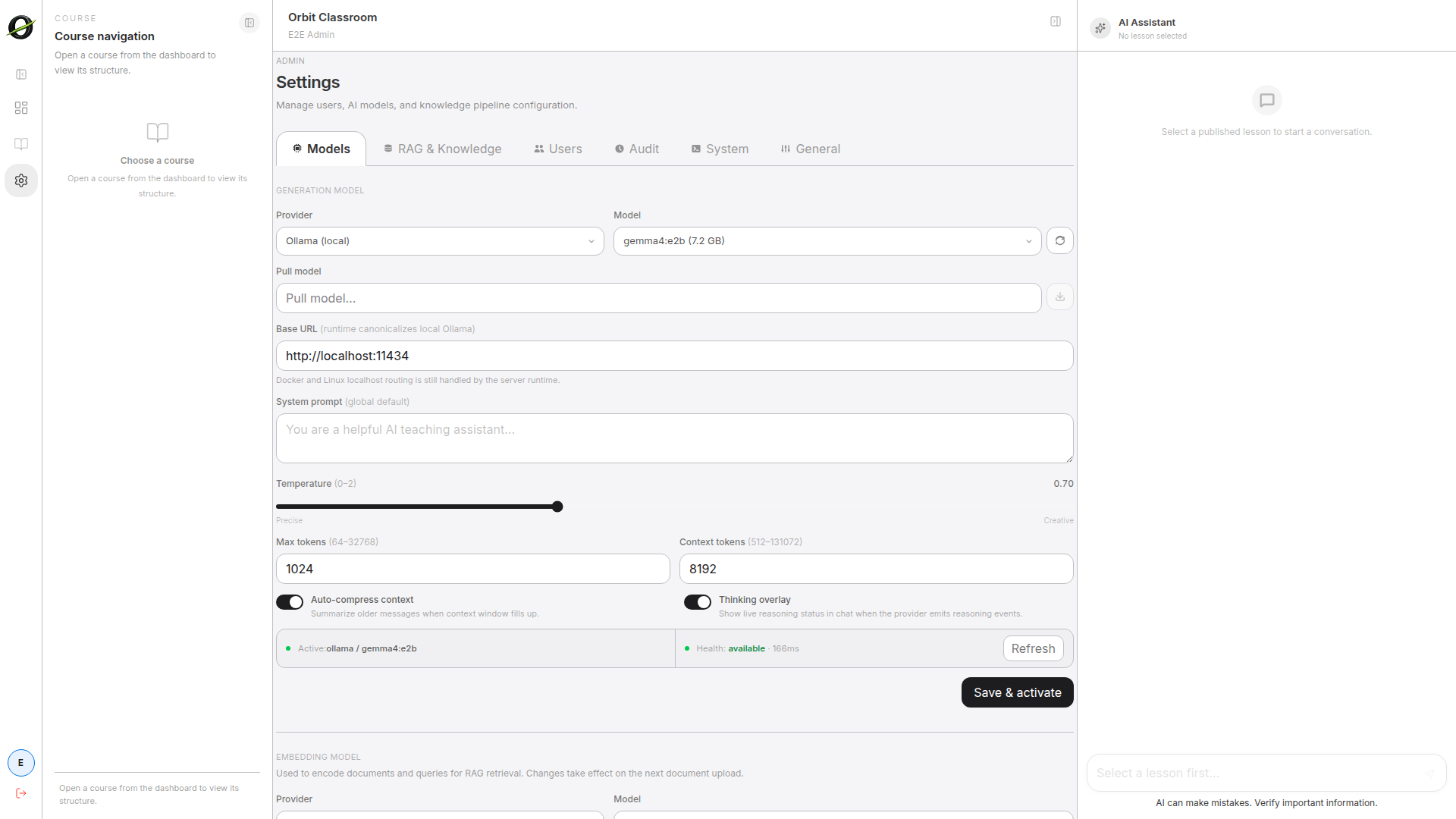 admin-models-tab — Models tab with the LLM configuration panel, provider selector, model field, and save controls.