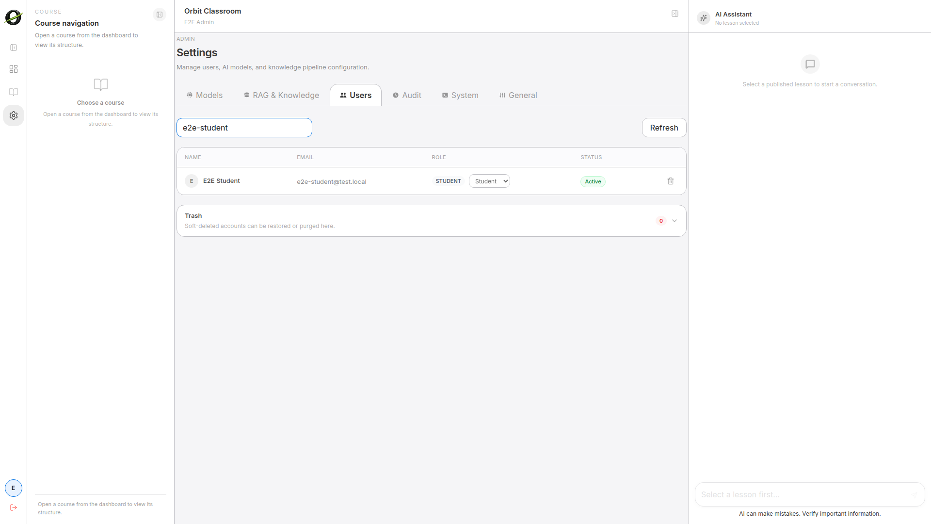 admin-users-role-change — Users tab with an active search and role change available.
