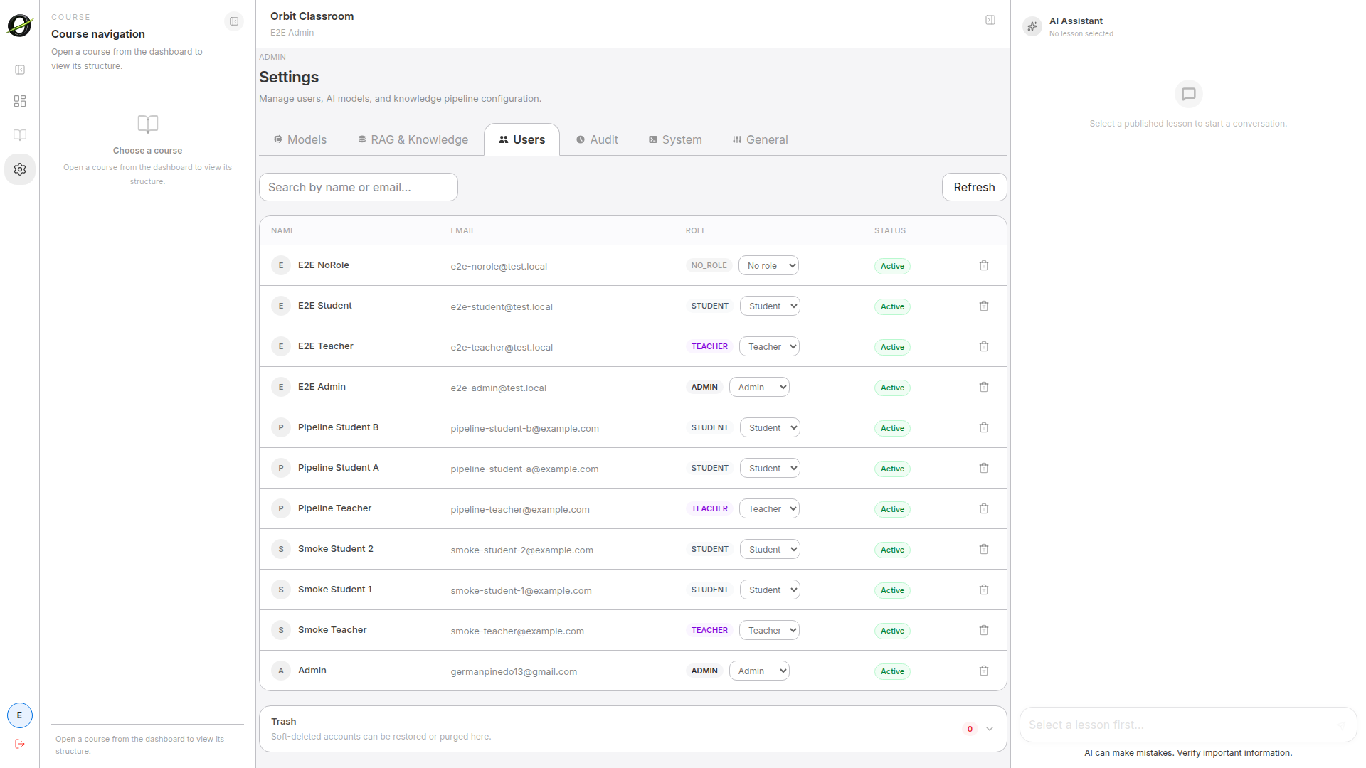 admin-users-trash — Trash section with restore and purge actions visible.