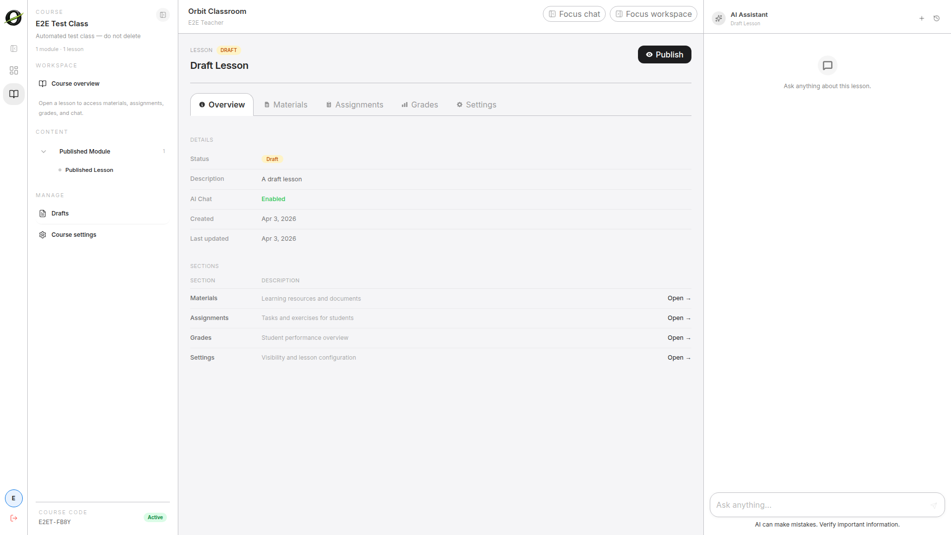 nav-drafts-and-settings — Access to the Drafts view and access to Class Settings inside the workspace.