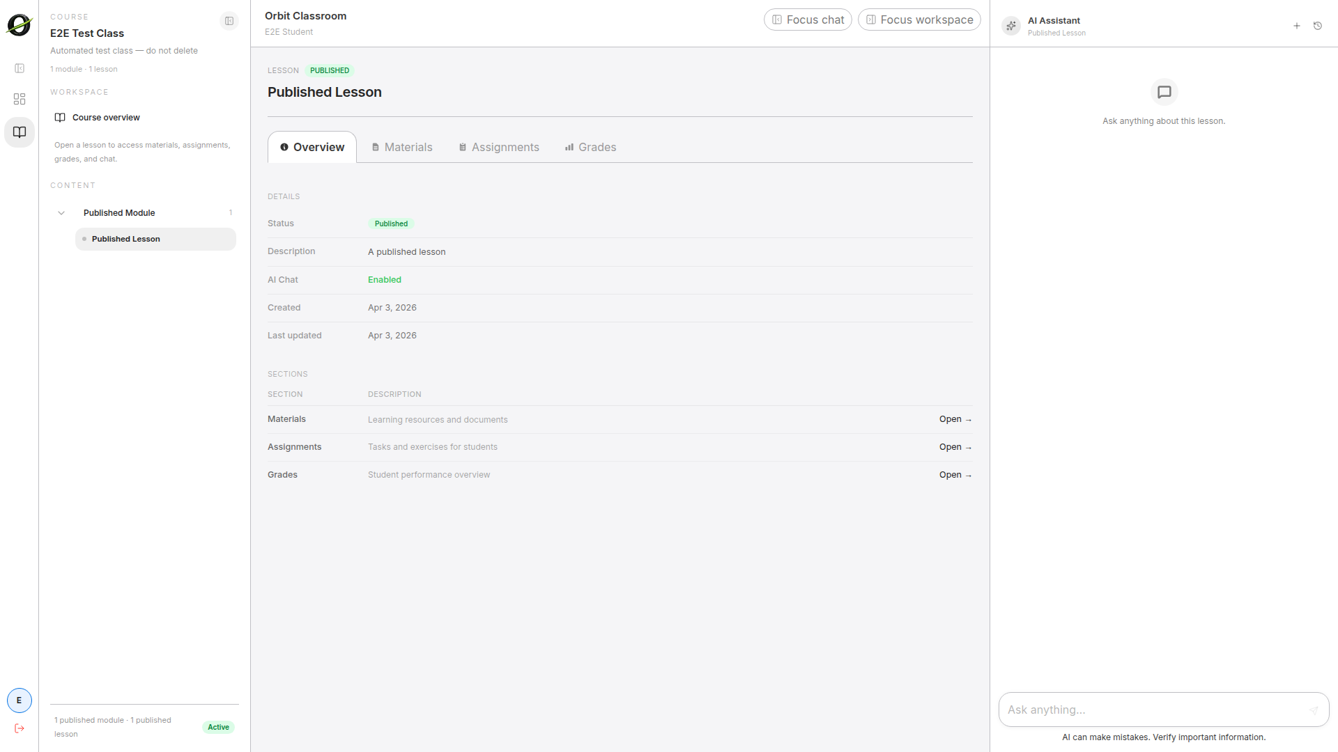 nav-tabs-overview — Tabs visible to a Student inside a published lesson (Overview, Materials, Assignments, Grades).