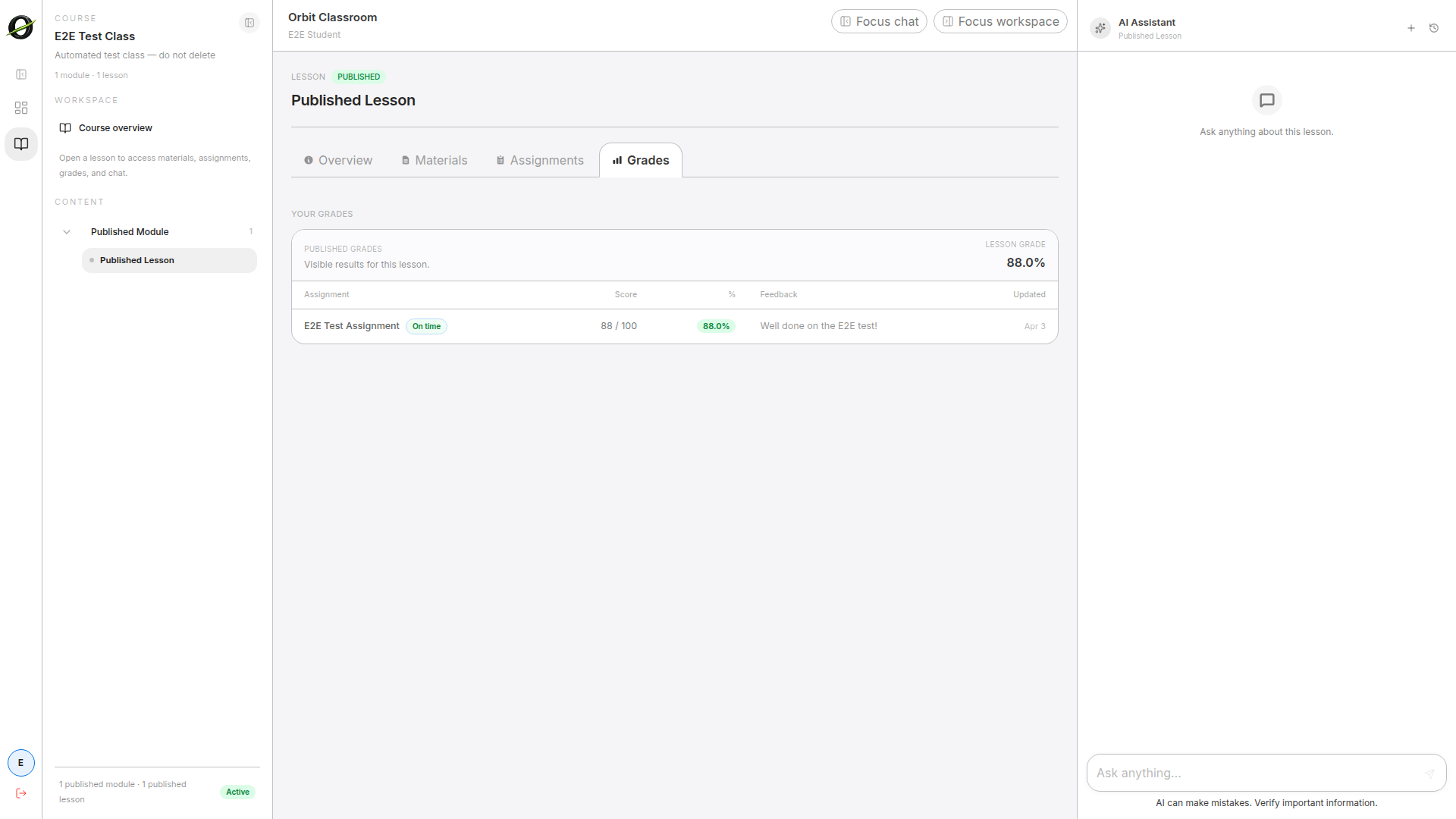 student-grades-view — Grades tab with assignment table and detail panel showing grade and feedback.