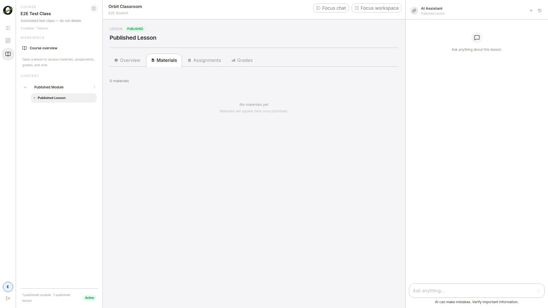 student-materials-open — Materials tab with published items and an open action.