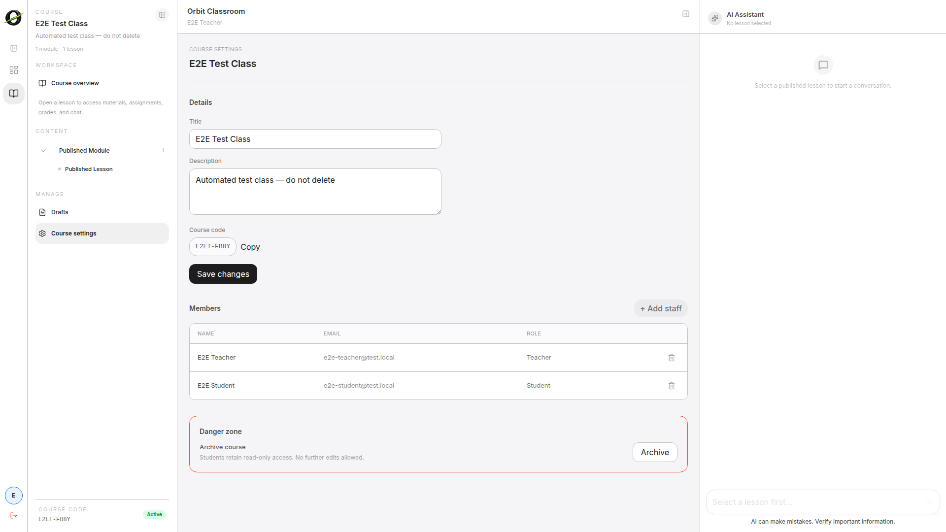 teacher-archive-class — Archive or unarchive control inside Class Settings.