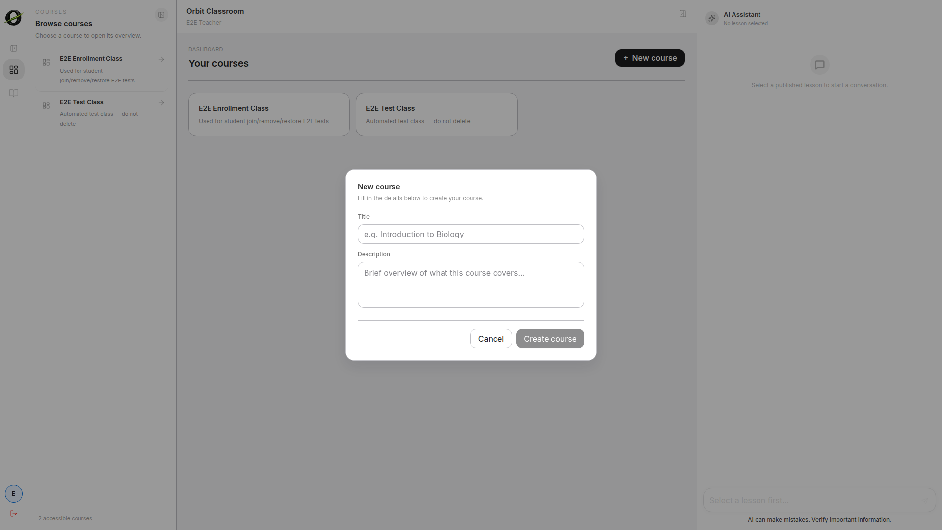 teacher-create-class — New class form with title and description.
