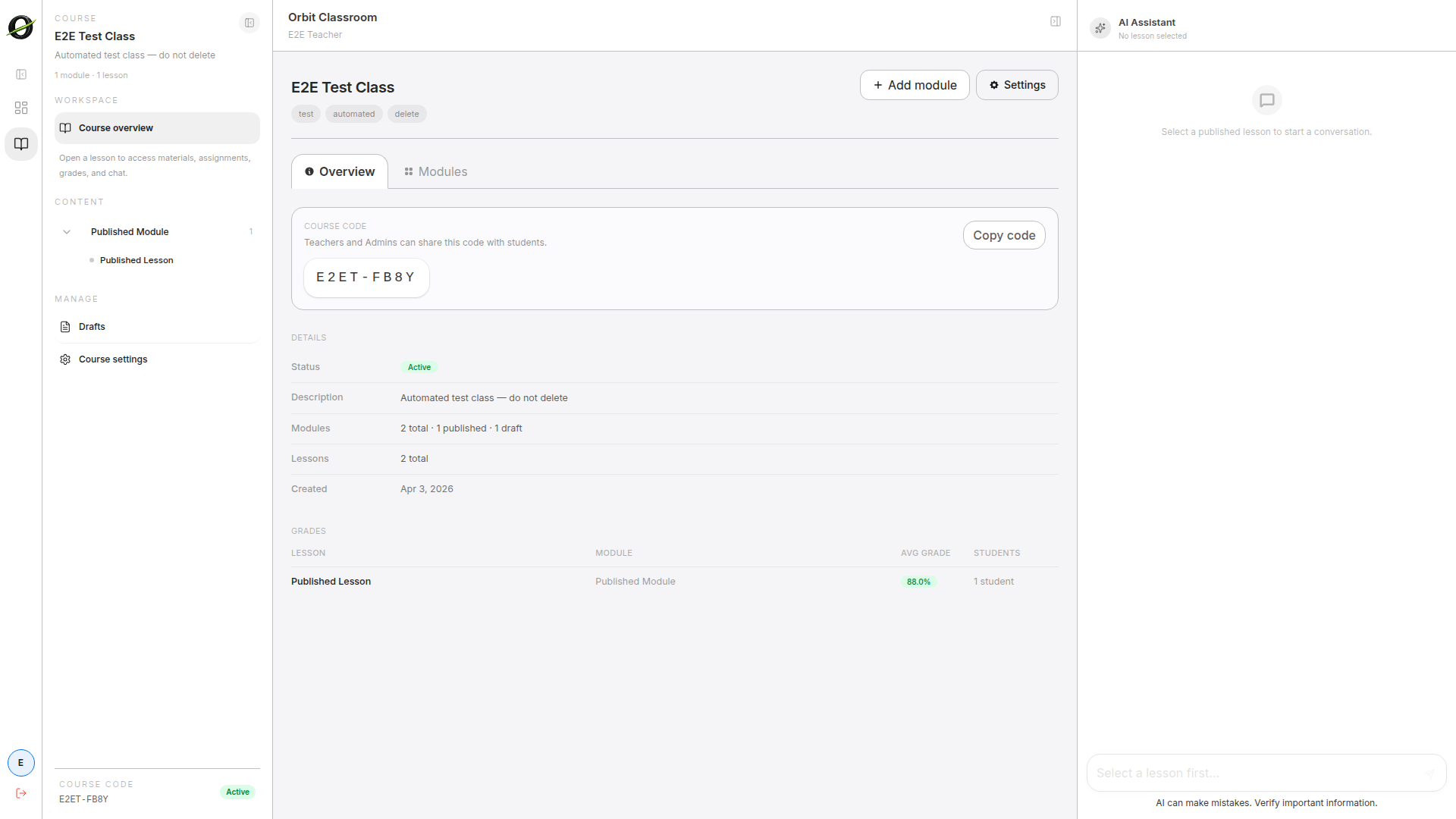 teacher-create-module-lesson — Module and lesson creation, and access to the Drafts view.