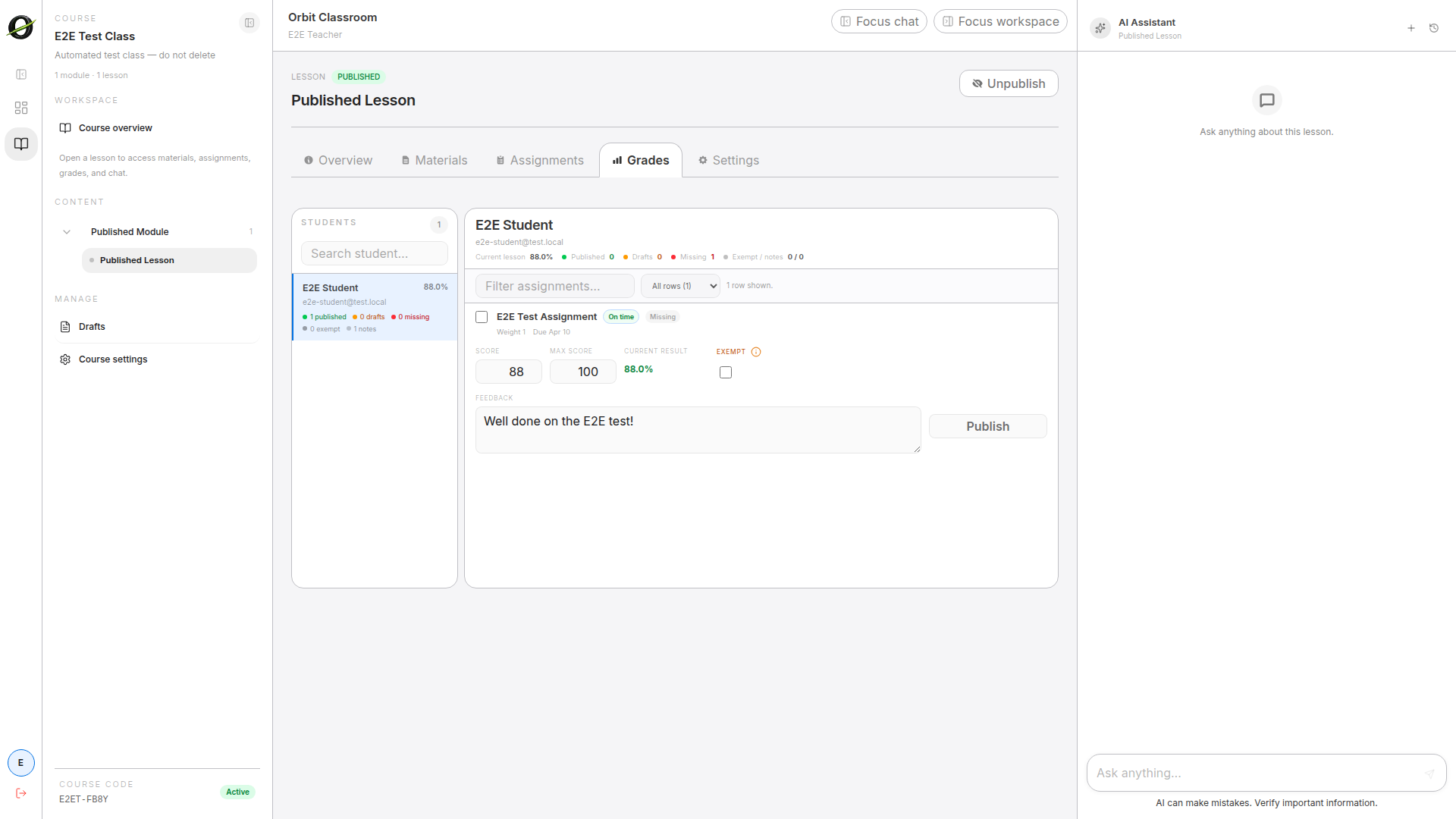teacher-grades-tab — Grades tab with a student selected and publish/unpublish actions.