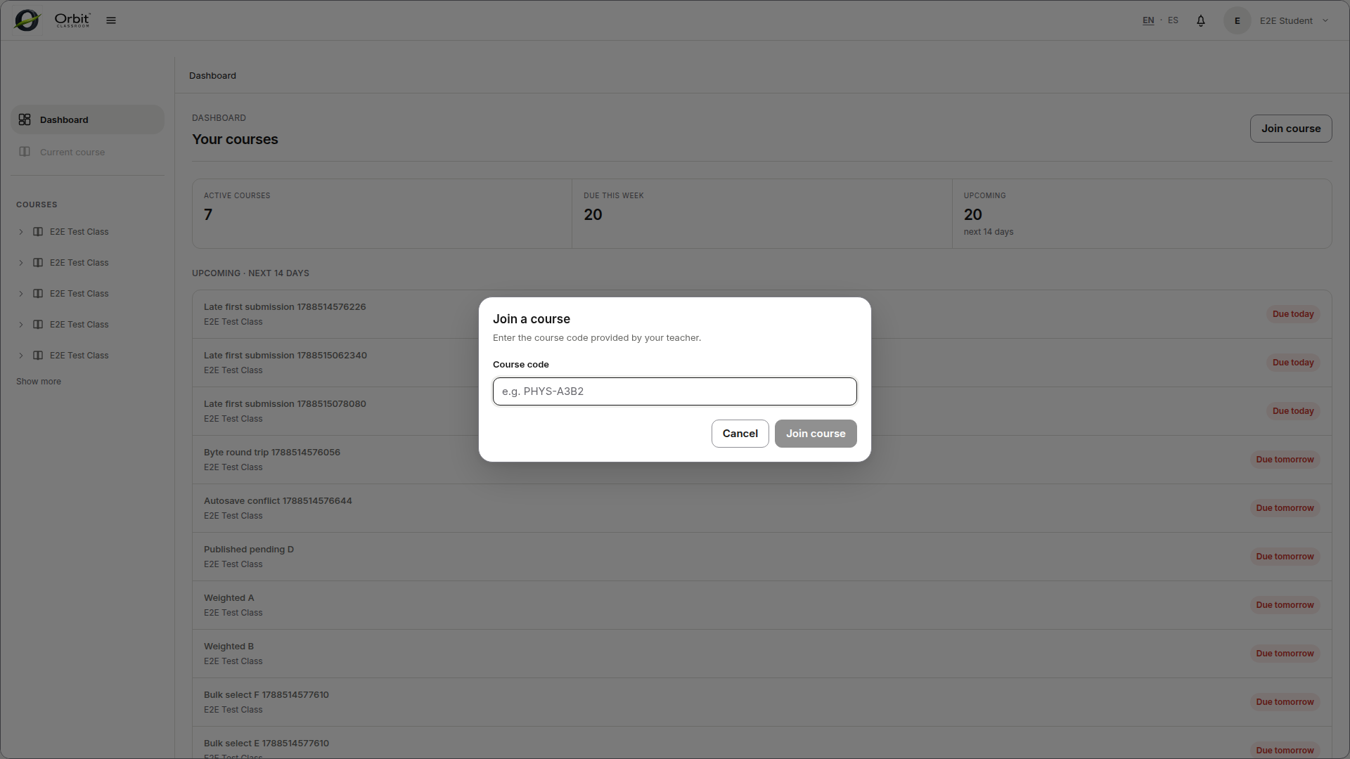 student-join-class-code — ingreso de class code y estado pendiente de la solicitud.