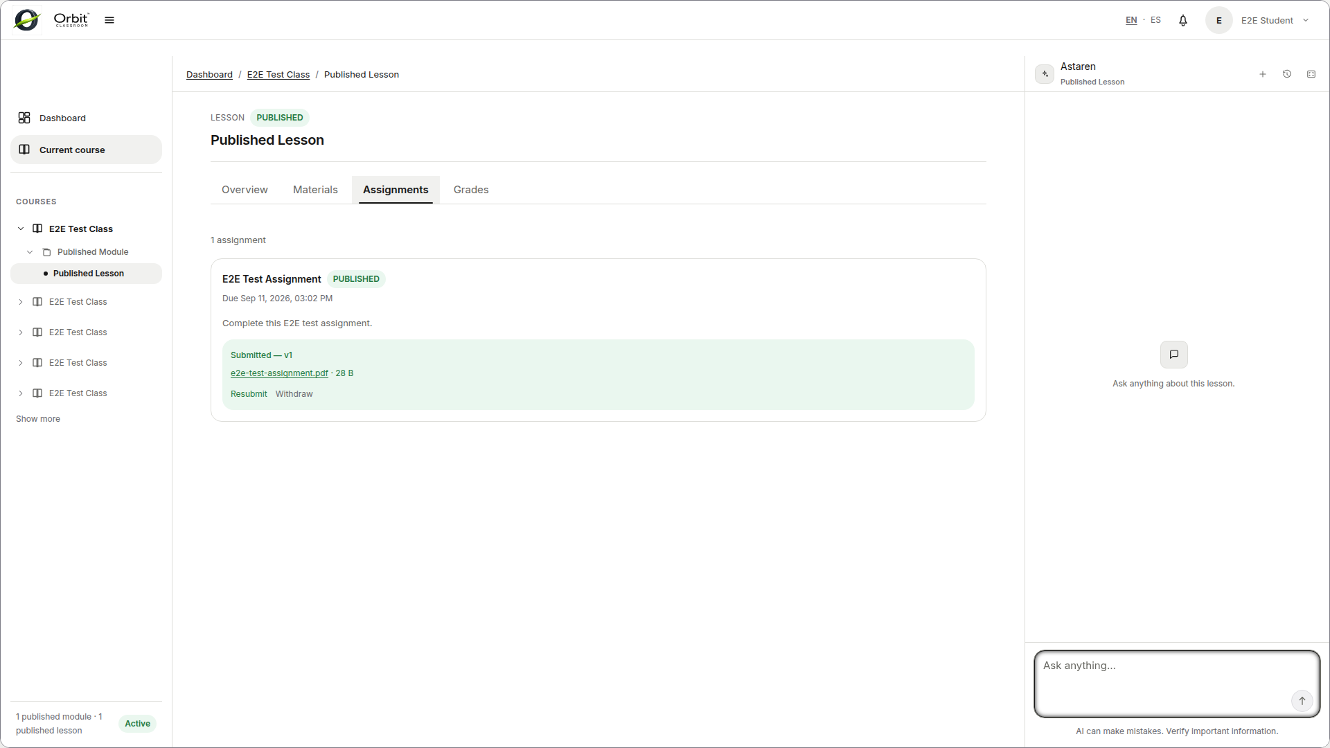 student-withdraw-submission — assignment con entrega actual y accion de retiro disponible antes de la fecha limite.