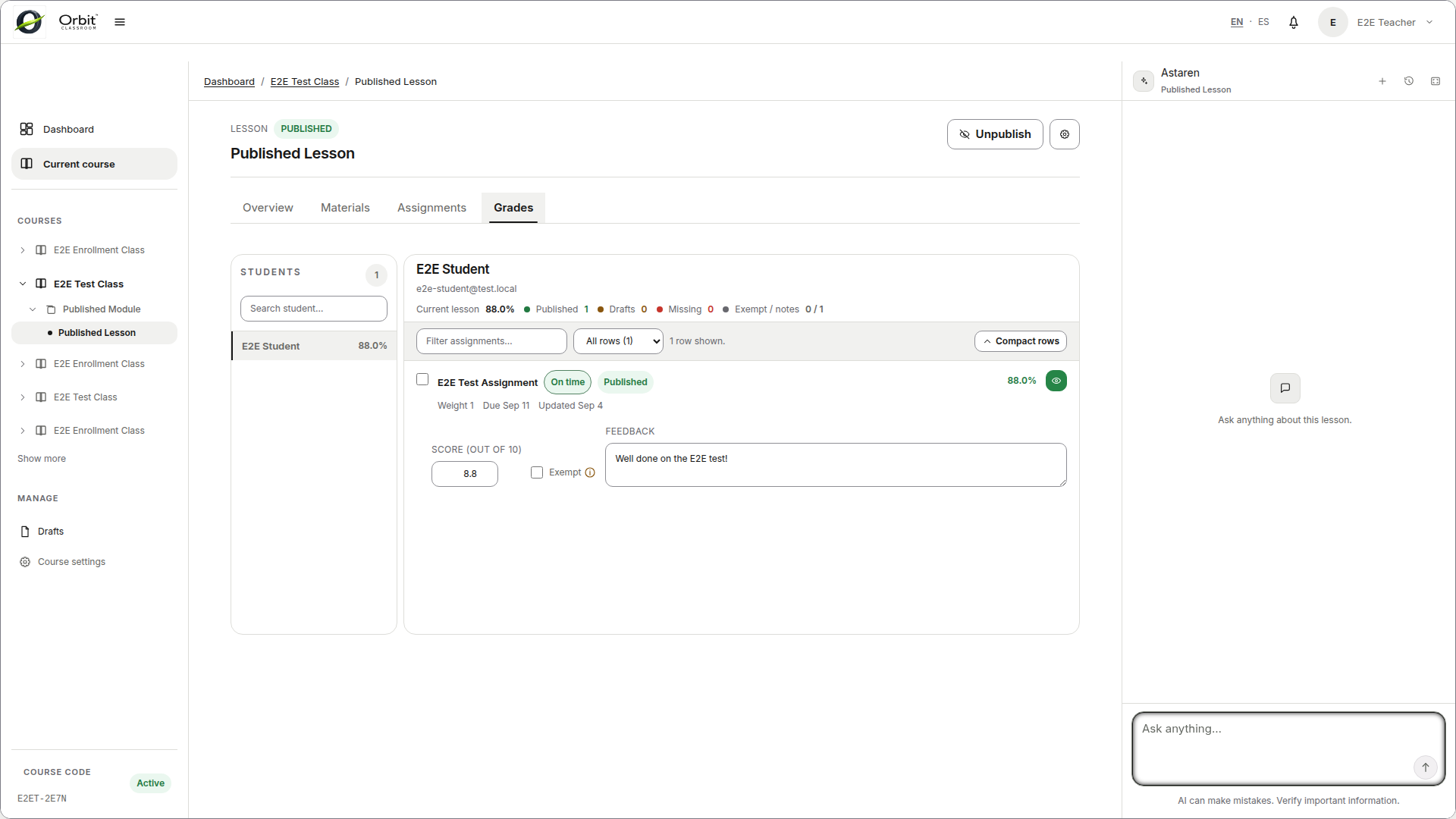 teacher-grades-tab — tab con un student seleccionado y acciones de publish/unpublish.