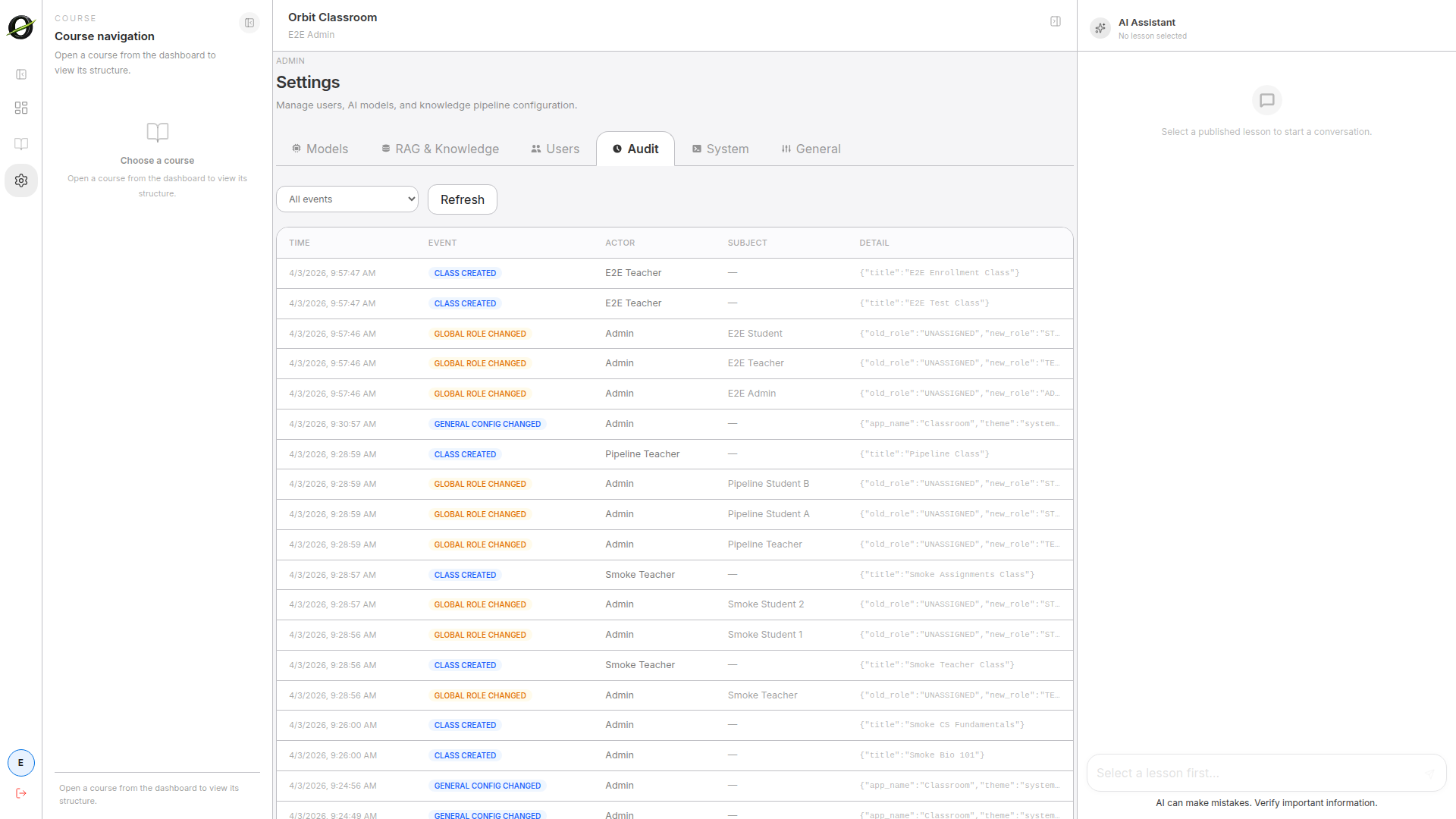 admin-audit-tab — tab Audit con filtros de severidad y lista de eventos.