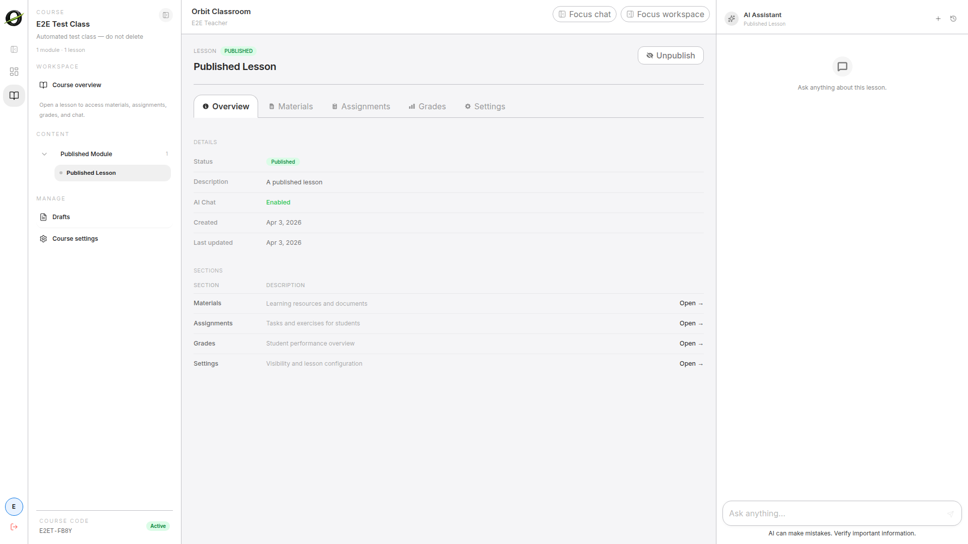 getting-started-lesson-workspace — Lesson workspace showing the left navigation panel, content area, and AI chat panel on the right.