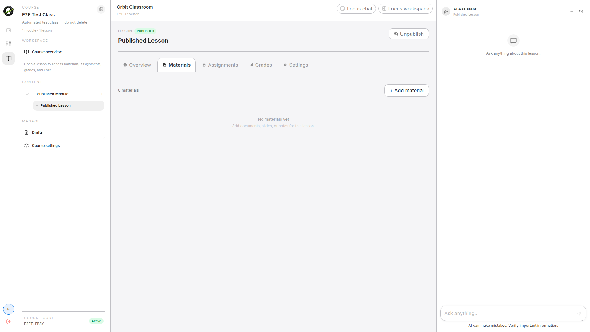 teacher-manage-materials — tab Materials con acciones de upload, reuse, publish y estado de procesamiento.